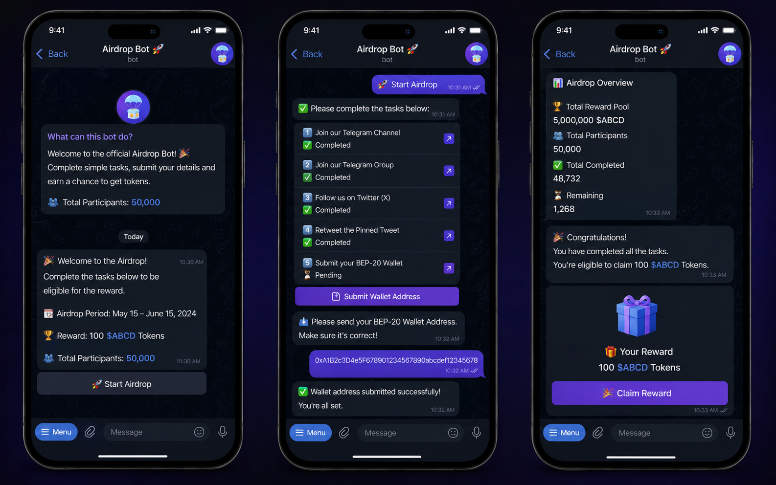 Airdrop bot (50k users/7 days)